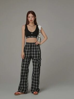 Wide-Leg Black Plaid Cargo Pants - Women's